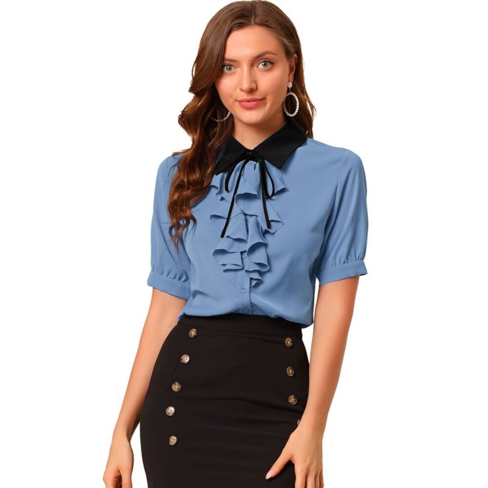 Contrast Collar Tie Ruffle Front Button Short Sleeve Shirt Dusty Blue